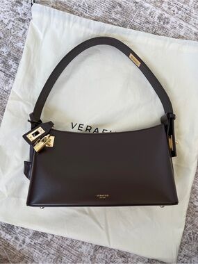 Verafied Dark Chocolate Brown Leather Shoulder Bag with Gold Hardware